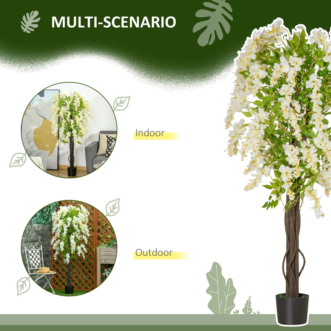 Artificial Realistic White Wisteria Tree Faux Decorative Plant in Nursery Pot for Indoor Outdoor Décor, 160cm