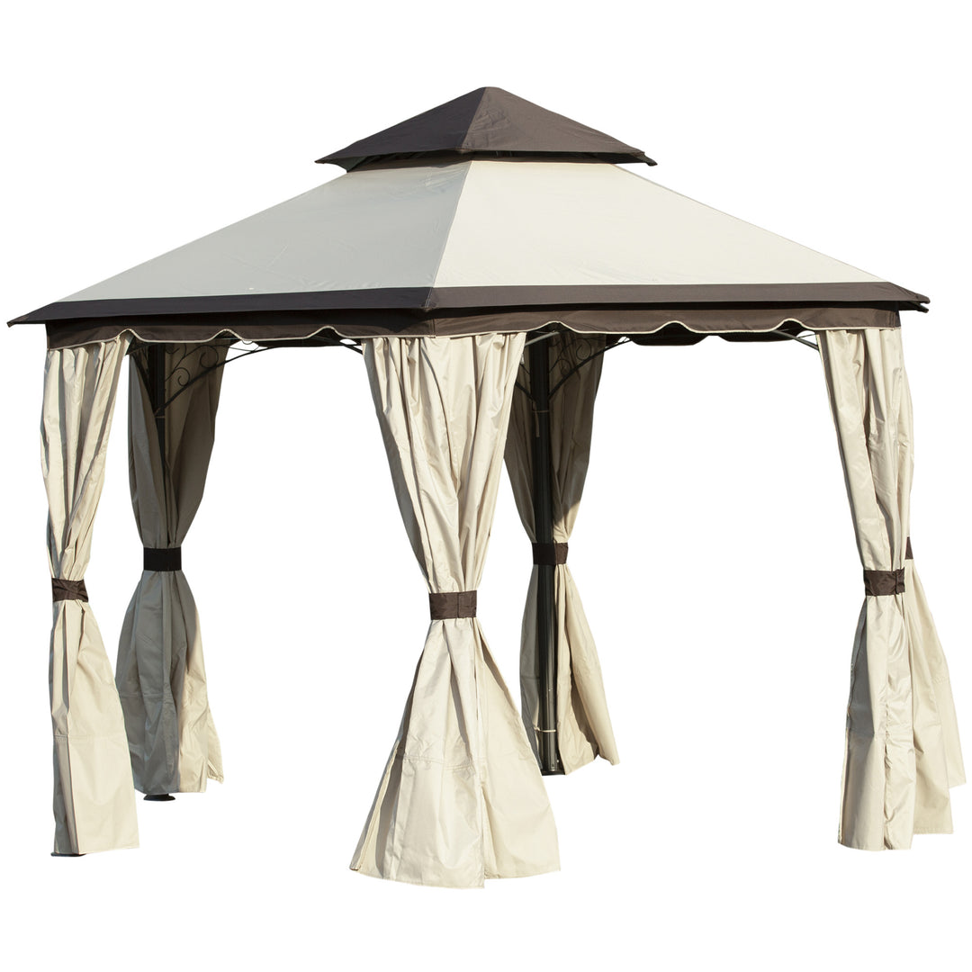Outsunny 3.4m Steel Gazebo Canopy Party Tent Garden Pavilion Patio Shelter with Curtains &amp; 2 Tier Roof, Beige