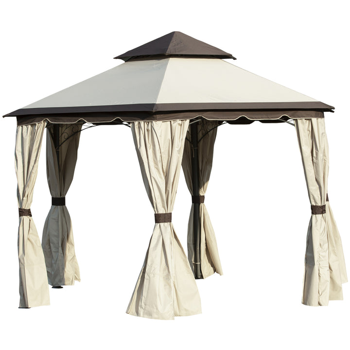 Outsunny 3.4m Steel Gazebo Canopy Party Tent Garden Pavilion Patio Shelter with Curtains &amp; 2 Tier Roof, Beige