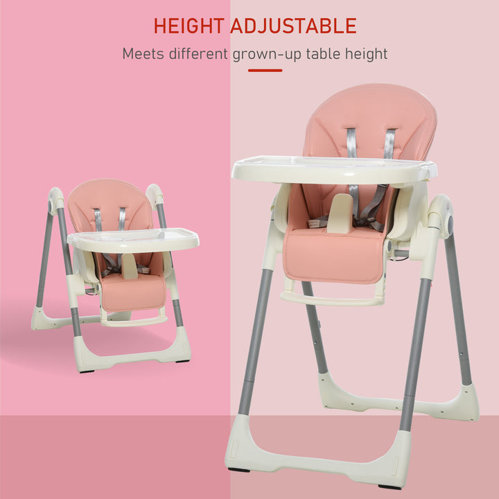 Foldable Baby High Chair Convertible to Toddler Chair Height Adjustable with Removable Tray 5-Point Harness Mobile with Wheels Pink