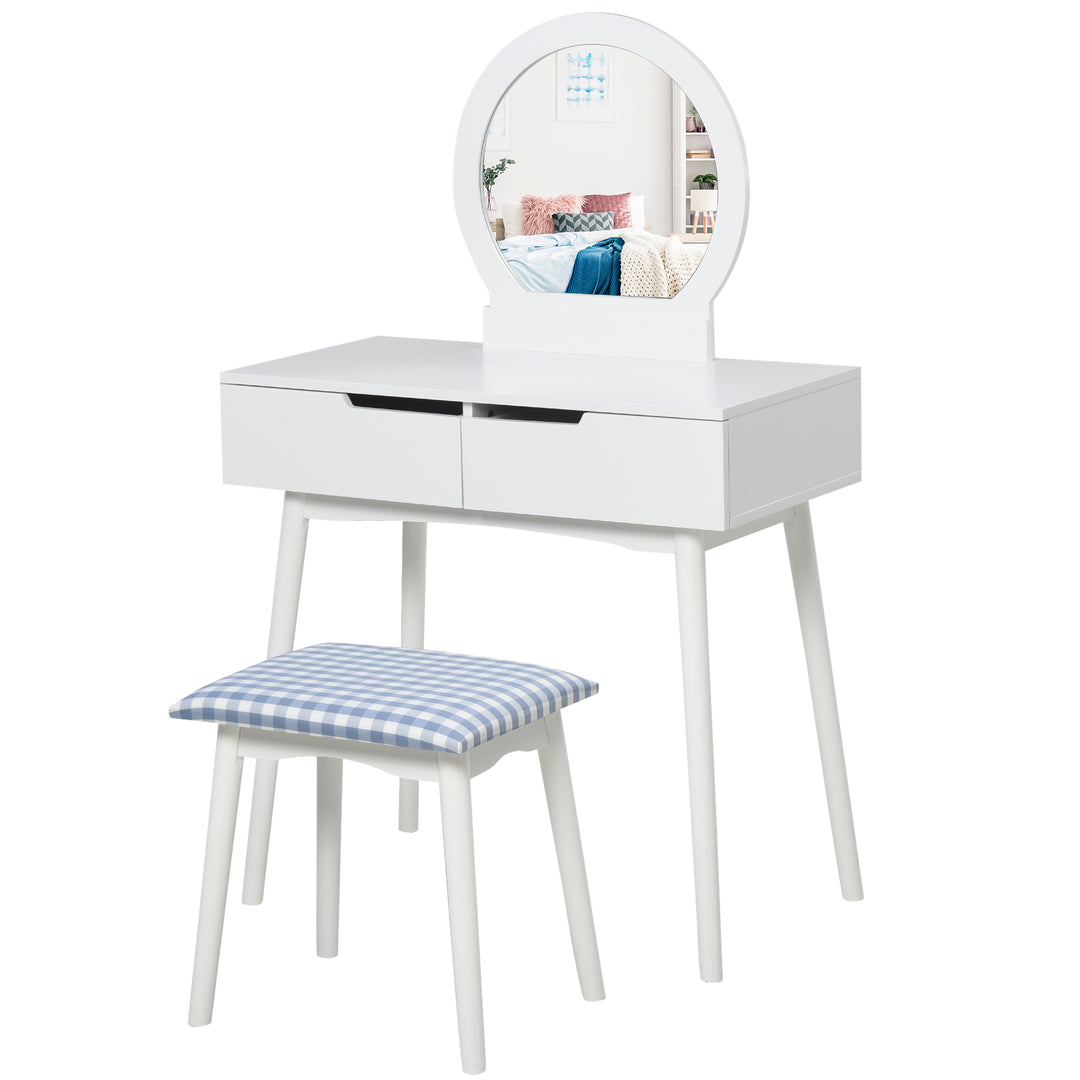 Dressing Table &amp; Stool Set w/ Drawers Mirror Modern Elegant Vanity Makeup Padded Seat Home Bedroom Beauty Furniture White