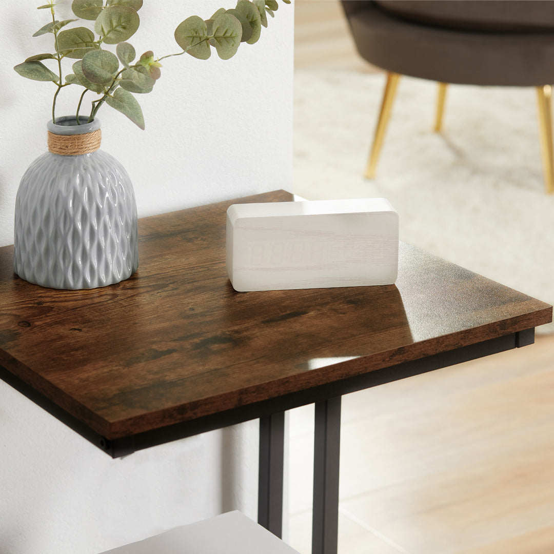 Side Table, Double Layer End Table, Modern Coffee Table with Steel Frame and Adjustable Non-Slip Feet for Living room, Bedroom, Rustic Brown