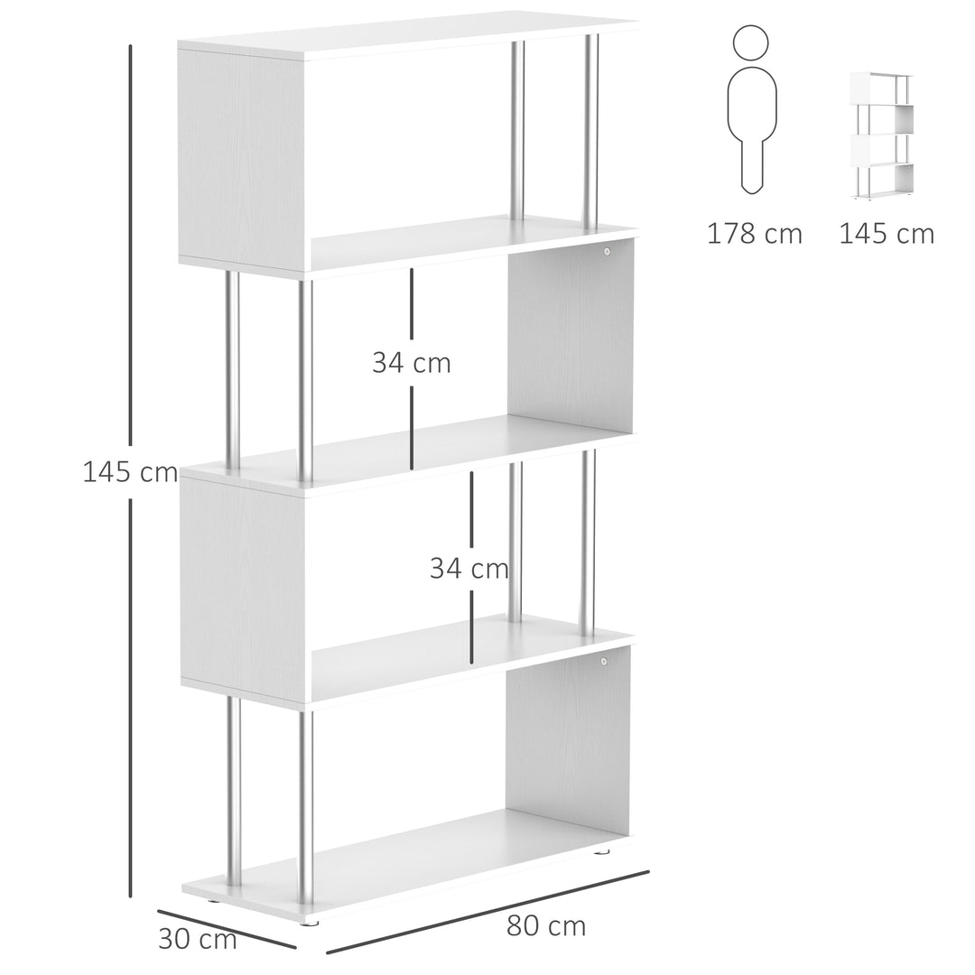 HOMCOM Wooden S Shape Bookcase Bookshelf Dividers Storage Display Unit White