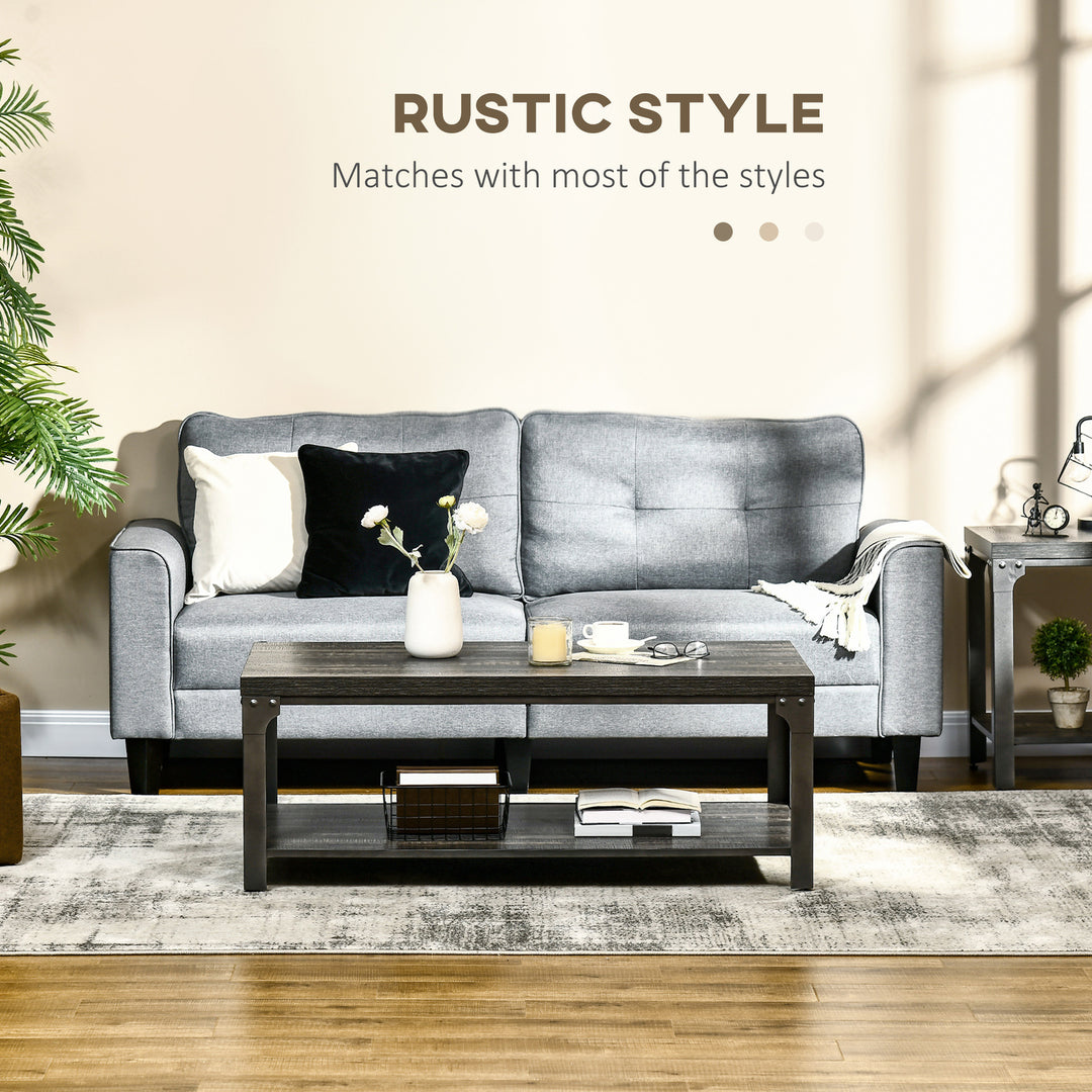 HOMCOM Rustic Coffee Table with Storage Shelf, Cocktail Table with Steel Frame and Thickened Top for Living Room, Dark Walnut
