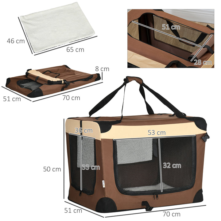 PawHut Pet Carrier, Foldable Cat Carrier Dog Bag with Cushion, for Small Dogs and Cats, 50 x 70 x 51 cm, Brown