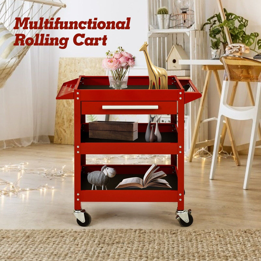 3 Tier Tool Trolley with Drawer and 4 Wheels-Red