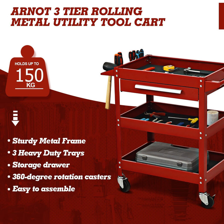 3 Tier Tool Trolley with Drawer and 4 Wheels-Red