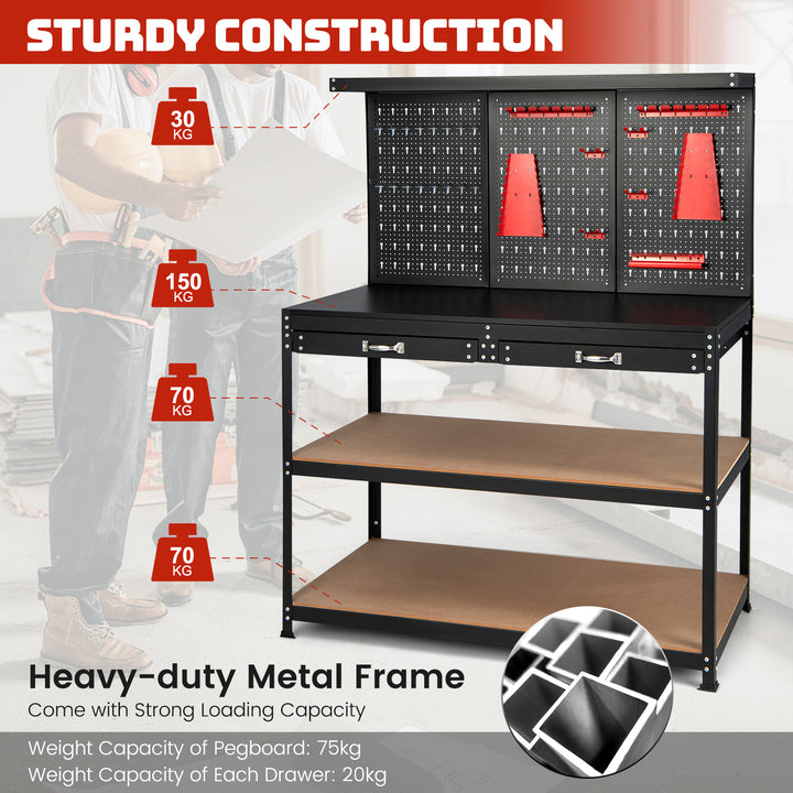 Multipurpose Garage Worktable with Pegboard and Drawers-Black