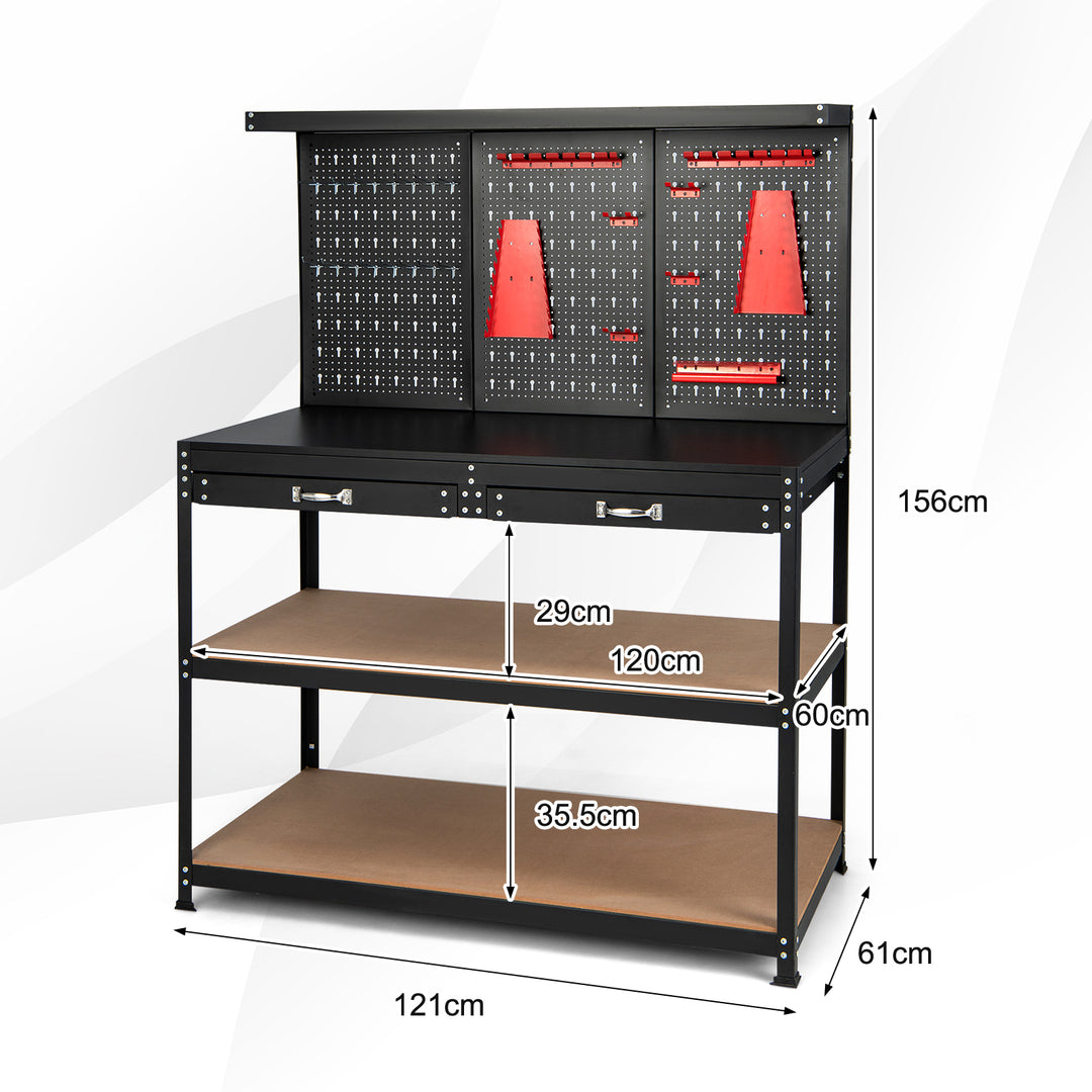 Multipurpose Garage Worktable with Pegboard and Drawers-Black