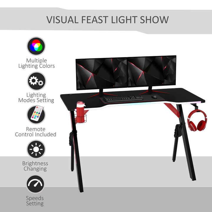 HOMCOM 1.2m Gaming Desk w/RGB Light Steel Frame | Racing Style Computer Table w/Cup Holder Headphone Cable Management - Black