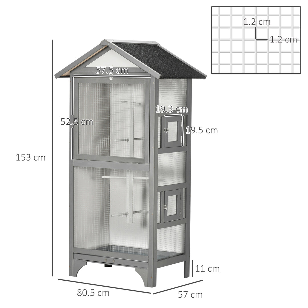 PawHut Wooden Outdoor Bird Cage, for Finches and Canaries, with Removable Tray, Asphalt Roof - Grey