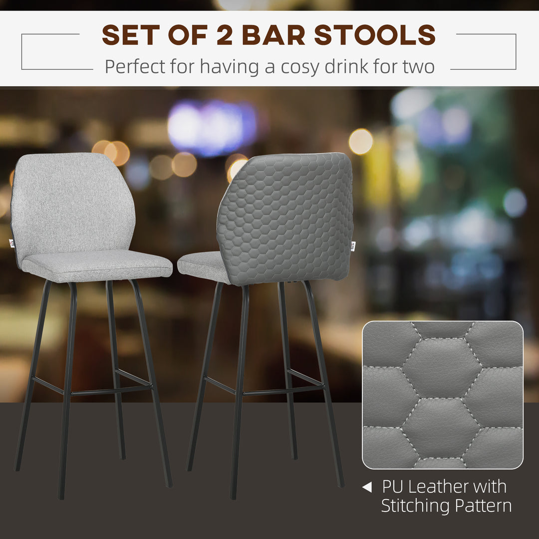 Bar Stools Set of 2, Linen-Touch Upholstered Bar Chairs, Kitchen Stools with Backs and Steel Legs, Light Grey