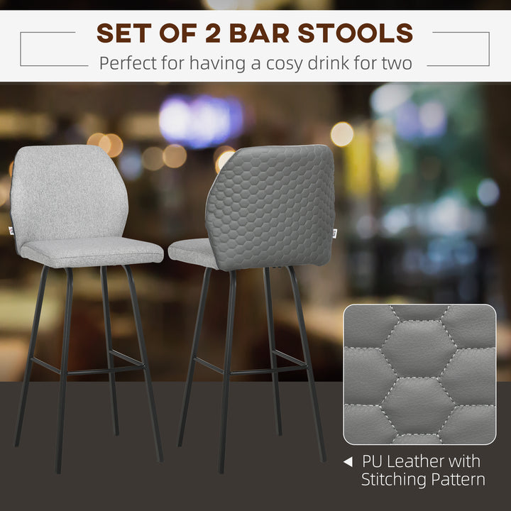 Bar Stools Set of 2, Linen-Touch Upholstered Bar Chairs, Kitchen Stools with Backs and Steel Legs, Light Grey