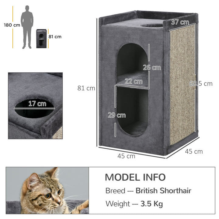 81 cm Cat Scratching Barrel with 2 Cat Condos, Cat Play Tower with Scratching Pad, Cat Scratching Tree for Indoor Cats, Grey