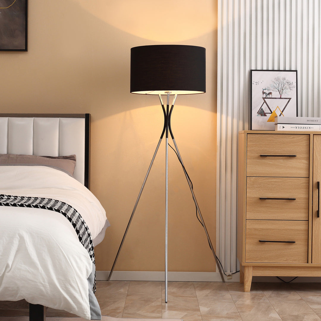 Modern Tripod Floor Lamp, Free Standing Light with Metal Frame, Fabric Lampshade and E27 Base for Living Room, Bedroom, Office, Black