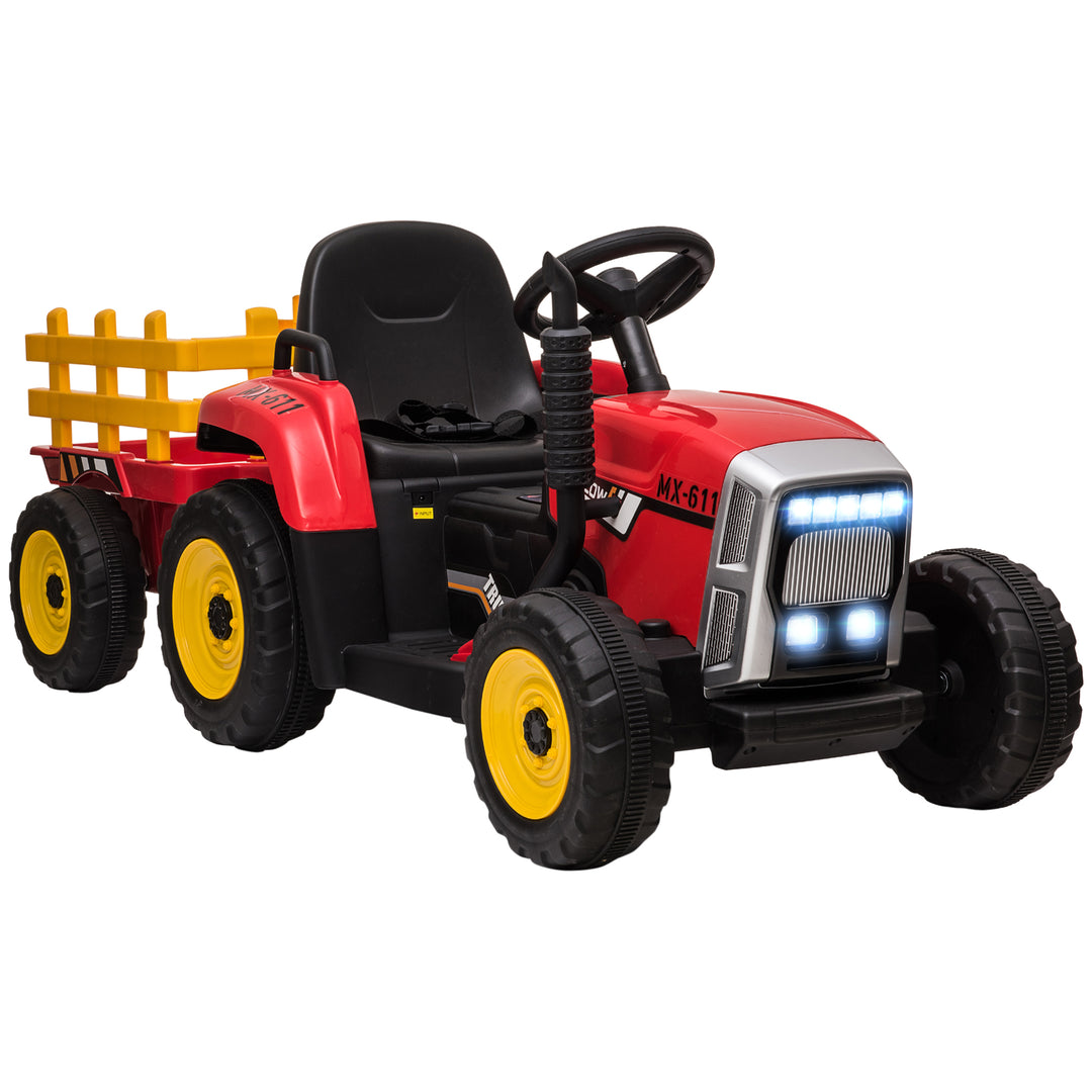 Electric Ride on Tractor with Detachable Trailer, 12V Kids Battery Powered Electric Car with Remote Control, Music Start up Sound and Horn, Lights, for Ages 3-6 Years - Red