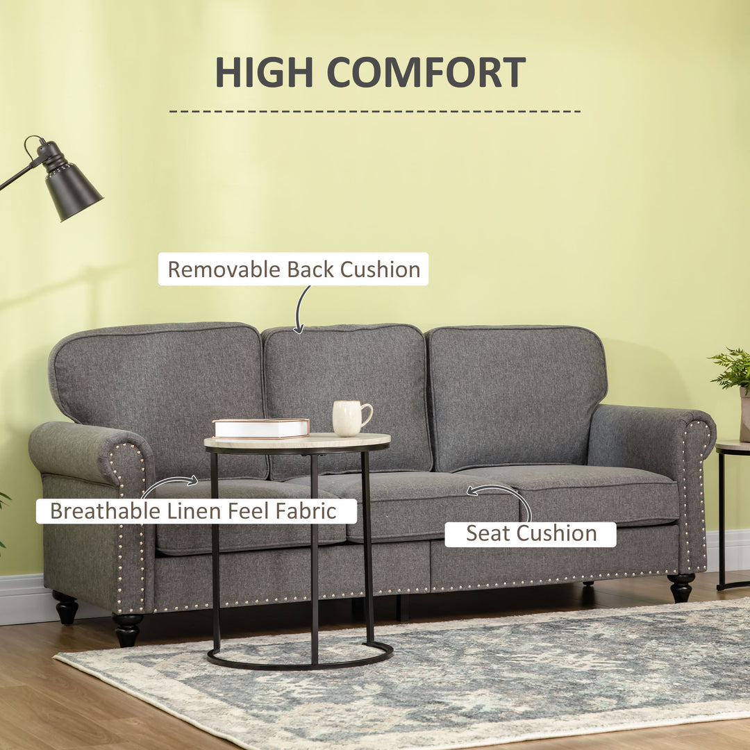 HOMCOM 3 Seater Sofas for Living Room, Fabric Couch with Nailhead Trim, Rolled Arms and Cushions, Grey