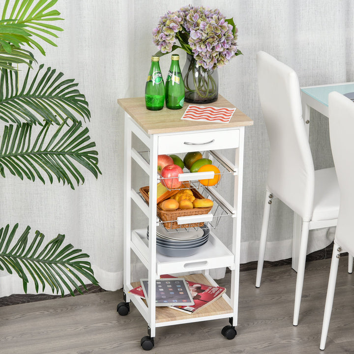 Mobile Rolling Kitchen Island Trolley for Living room, Serving Cart with Drawer & Basket, White