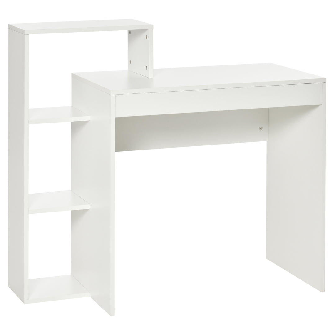 Compact Computer Desk with Storage Writing Table Modern for Flat Office Bedroom w/ Storage Shelf Rack Integrated Bookcase, White