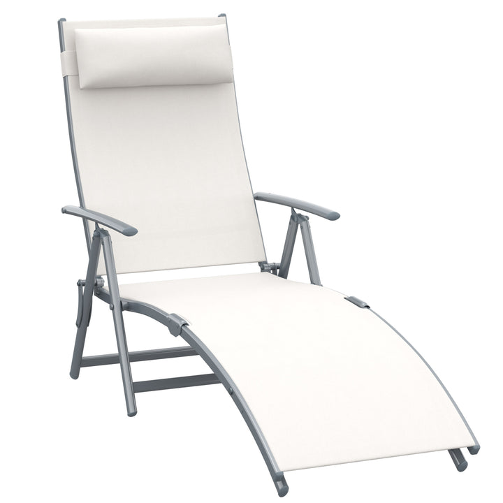 Outsunny Garden Lounger Steel Frame Outdoor Folding Chaise Recliner with Headrest & 7 Levels Adjustable Backrest, 81.5L x 20.5W x 64.5H, Cream White