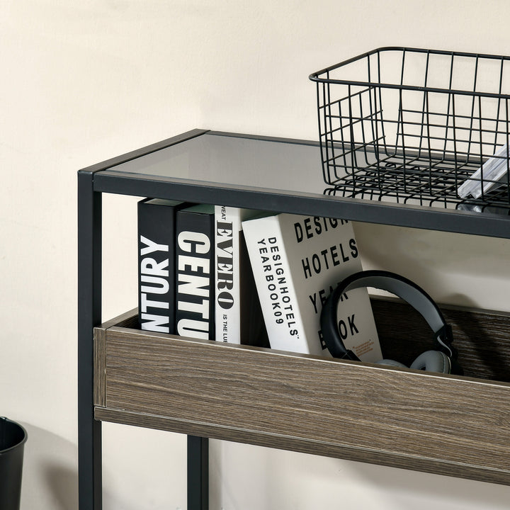 HOMCOM Industrial Style Console Table Sofa Table with Tempered Glass Top and Steel Frame for Living Room Hallway Entrance