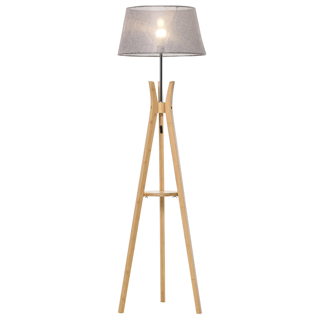 Natural Wood Tripod Floor Lamp Light E27 Base Bedroom Living Room Fabric Shade Storage Shelf Foot Switch, 156cm, Grey