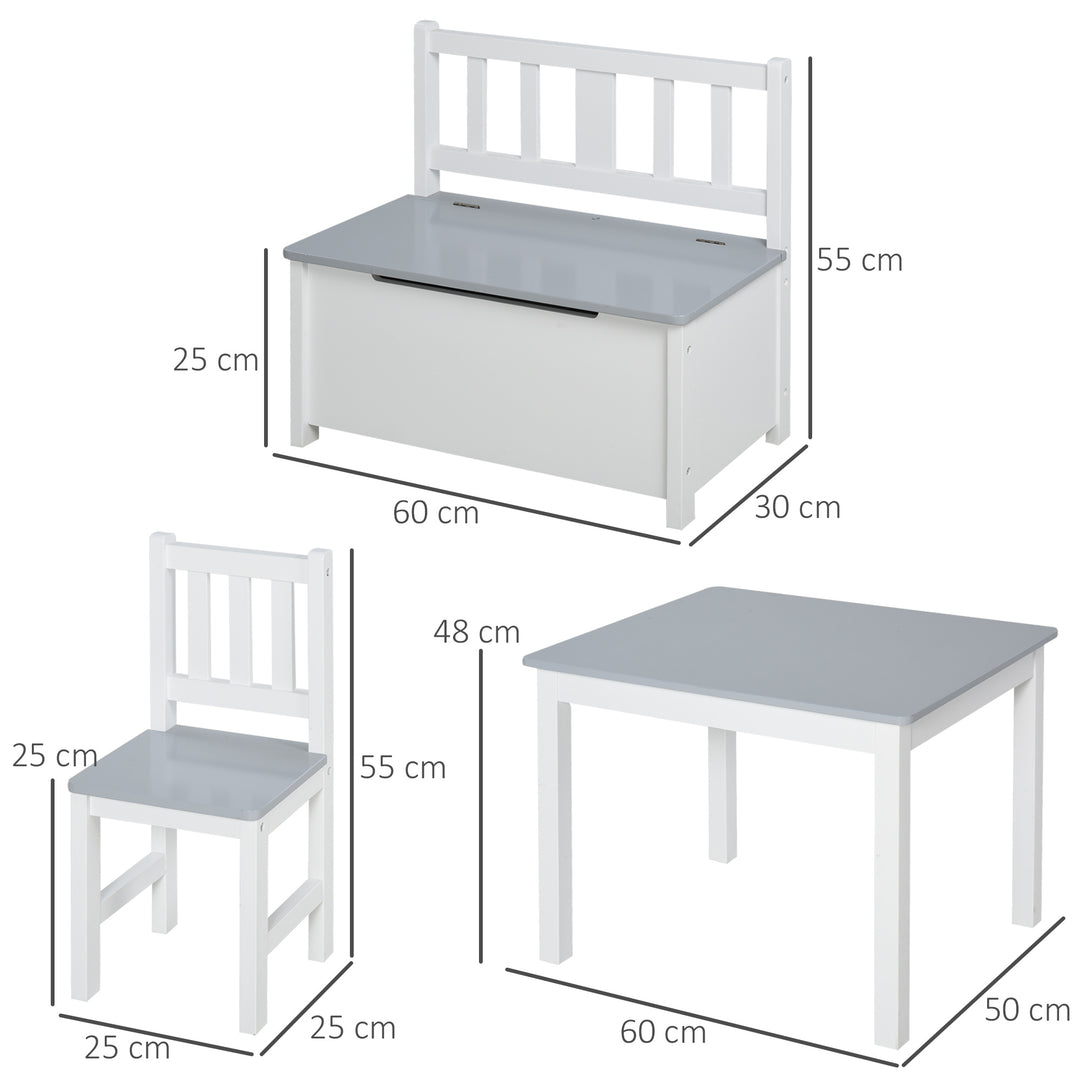 HOMCOM 4-Piece Kids Table Set with 2 Wooden Chairs, 1 Storage Bench, and Interesting Modern Design, Grey/White