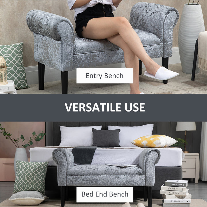 HOMCOM Ice Crush Velvet Fabric Upholstered Bed End Bench, Padded Sponge Cushion Bedroom Bench with Armrests Rubber Wood for Room Entryway, Silver Grey