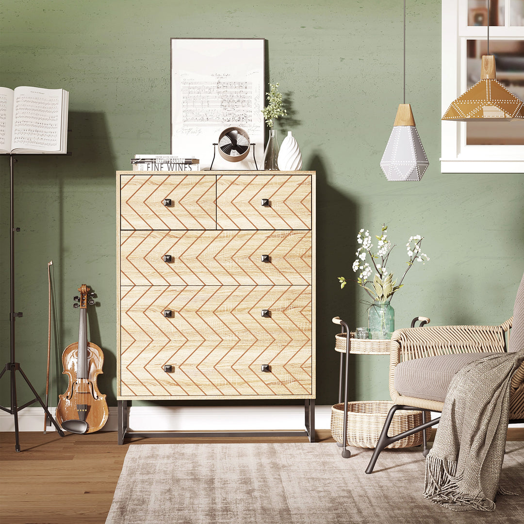 5 Drawer Chest Sideboard Cabinet Storage Unit Bedroom Home Unique Zig Zag Design w/ Black Metal Handles Anti Tip & Top