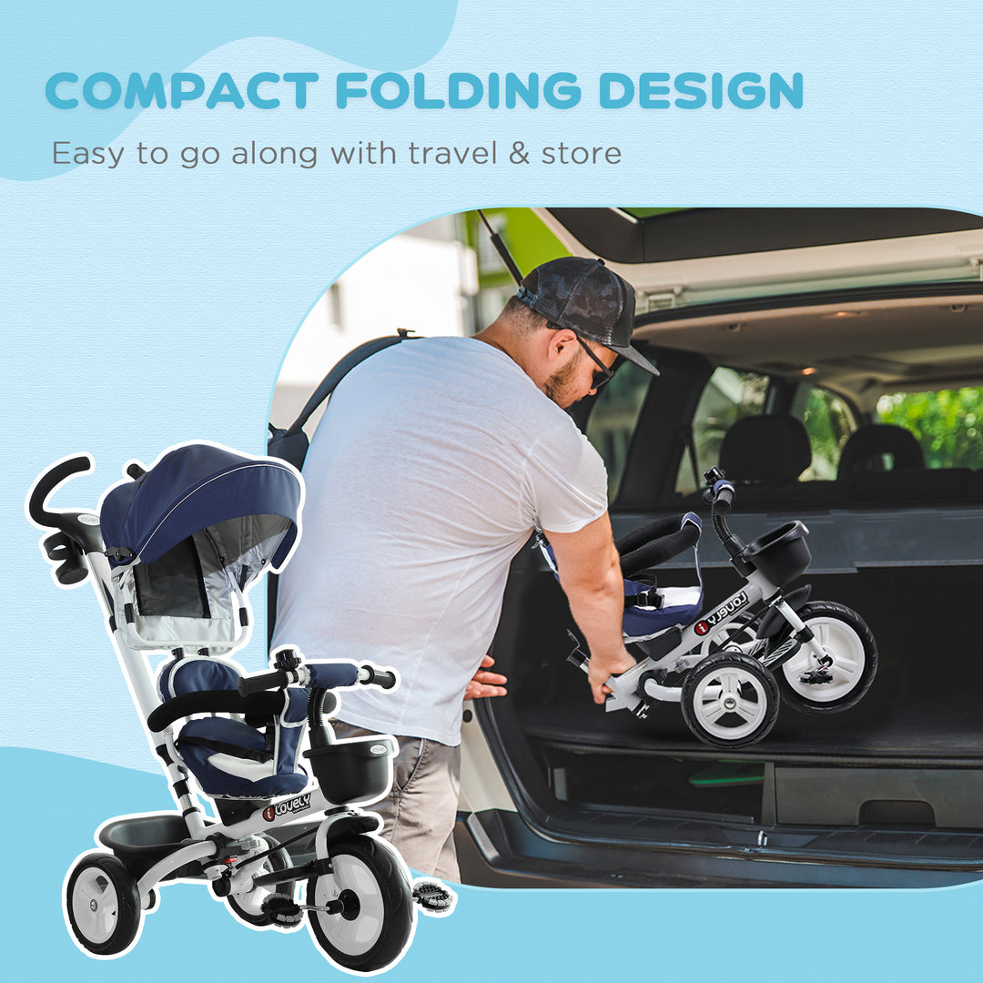 4-in-1 Tricycle 3 Wheels Baby Pedal Trike w/ Canopy for Ages over 18 Months Toddler, Blue