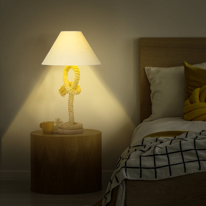 HOMCOM Nautical Style Table Lamp with Fabric Lampshade, Twisted Rope Bedside Lamp for Bedroom, Study, Living Room, Beige