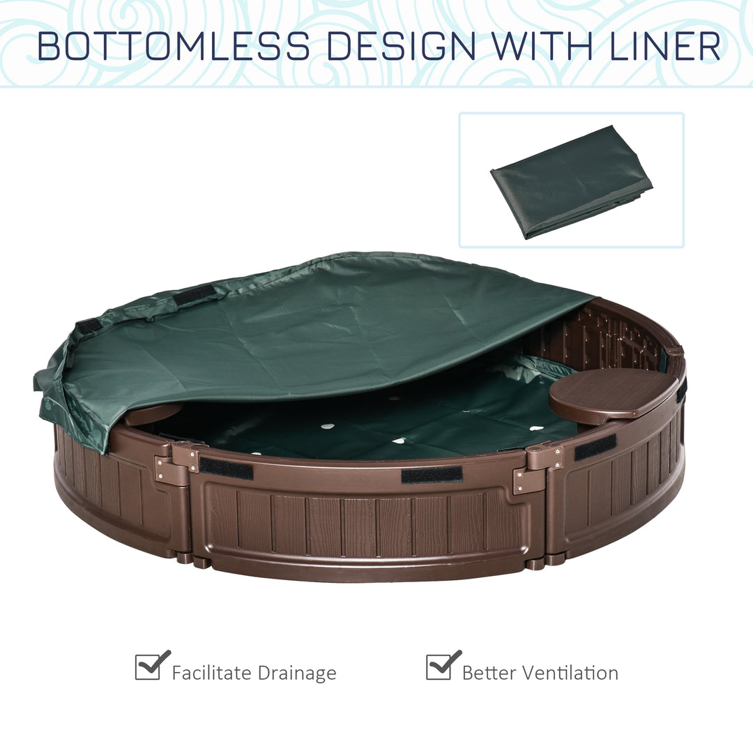 Kids Outdoor Round Sandbox w/ Waterproof Oxford Canopy Bottom Fabric Liner Children Playset for 3-12 years old Backyard Brown