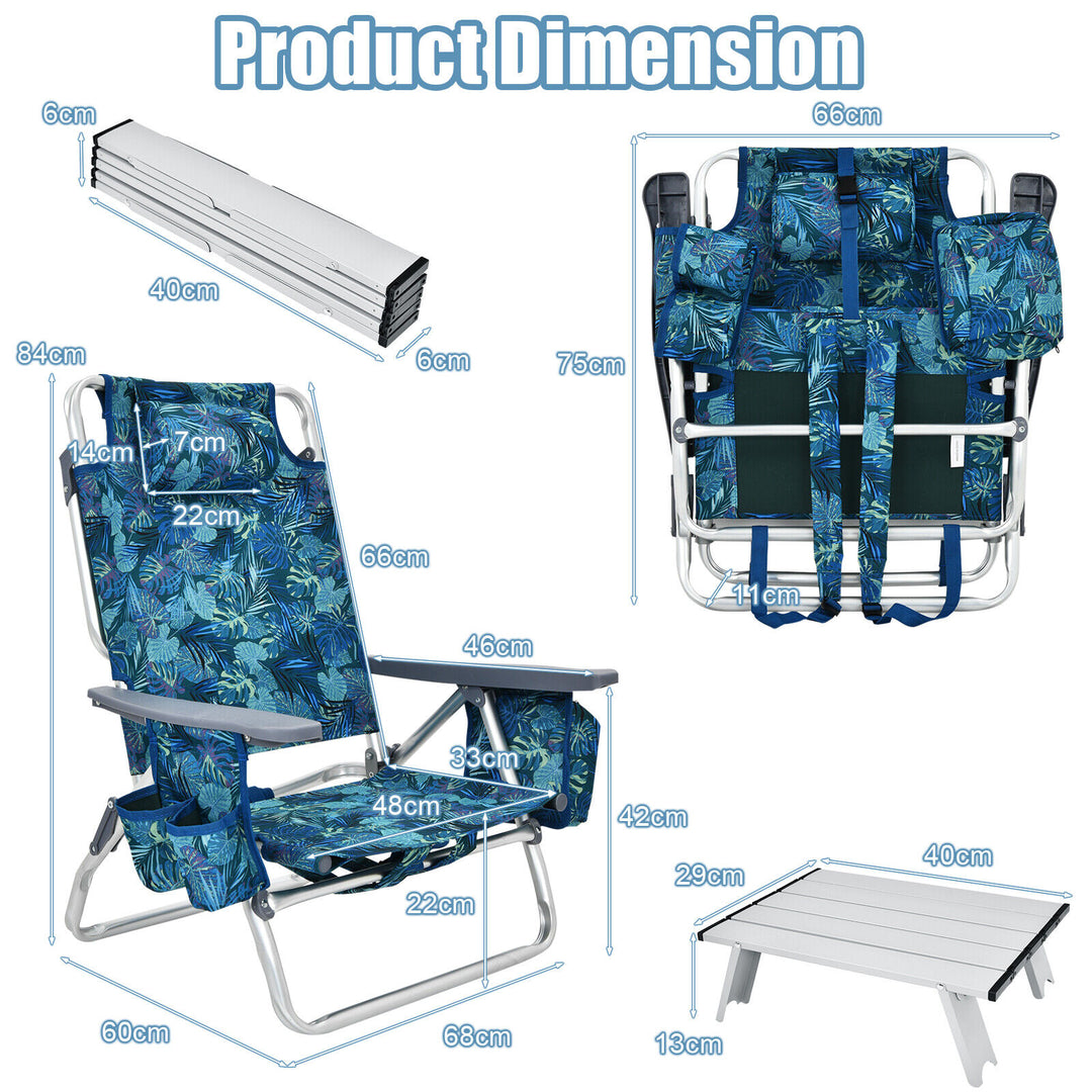 2 Packs 5-Position Outdoor Folding Backpack Beach Table and  Reclining Chair Set-Multicolor