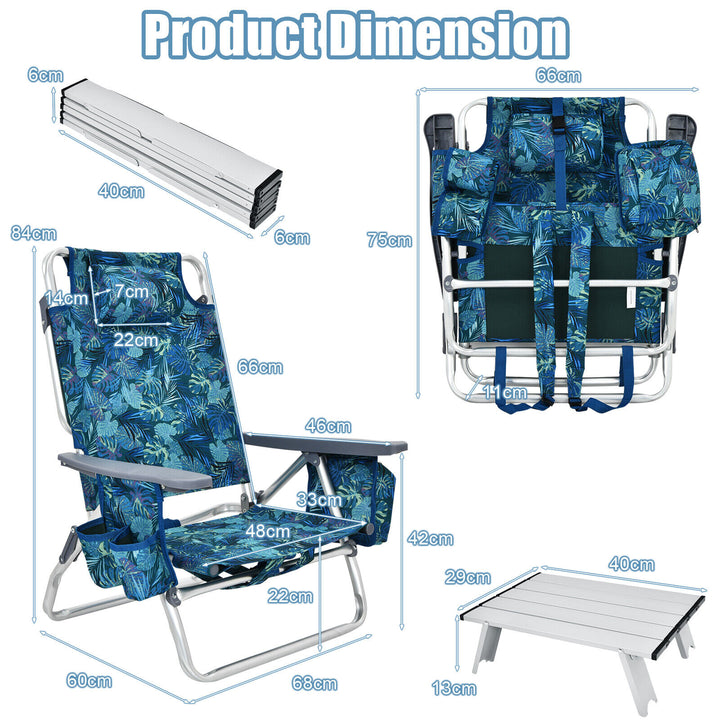 2 Packs 5-Position Outdoor Folding Backpack Beach Table and  Reclining Chair Set-Multicolor
