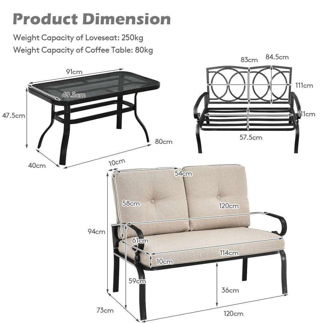 Garden Furniture Set with 2 Seat Cushioned Sofa and Coffee Table-Beige