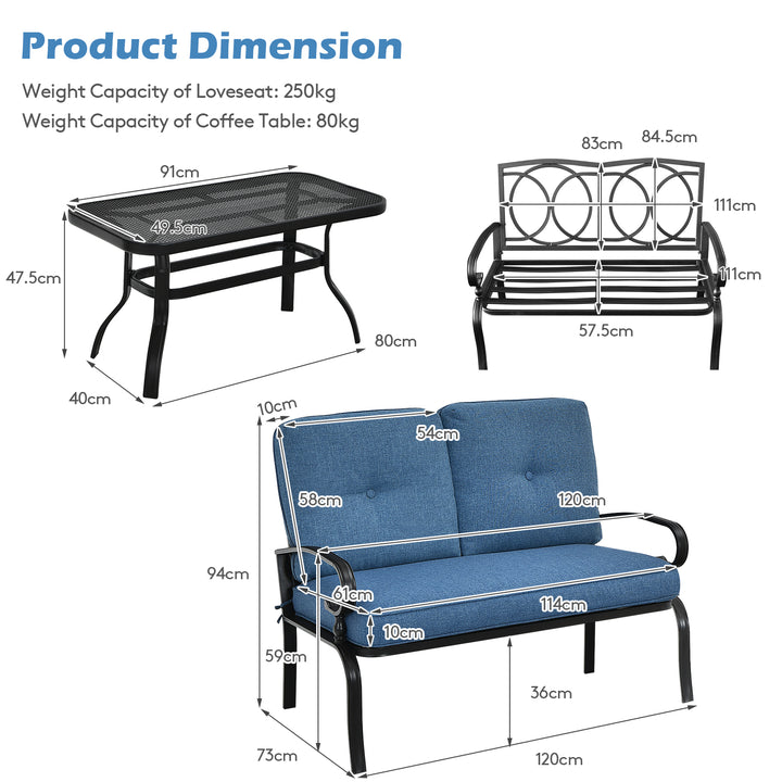 Garden Furniture Set with 2 Seat Sofa and Coffee Table- Navy