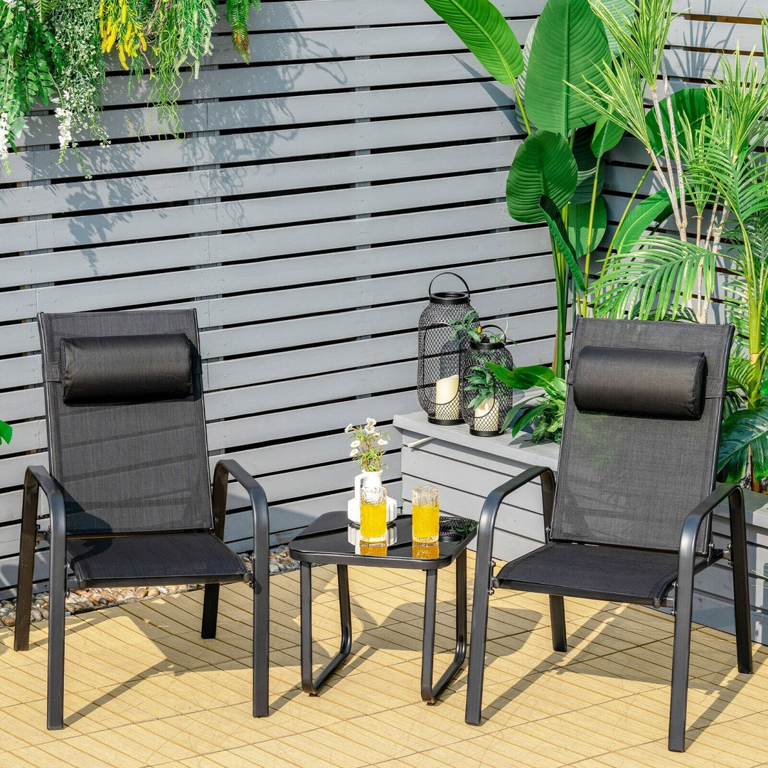 3 Pieces Patio Bistro Set with Coffee Table and 2 Stackable Chairs-Black