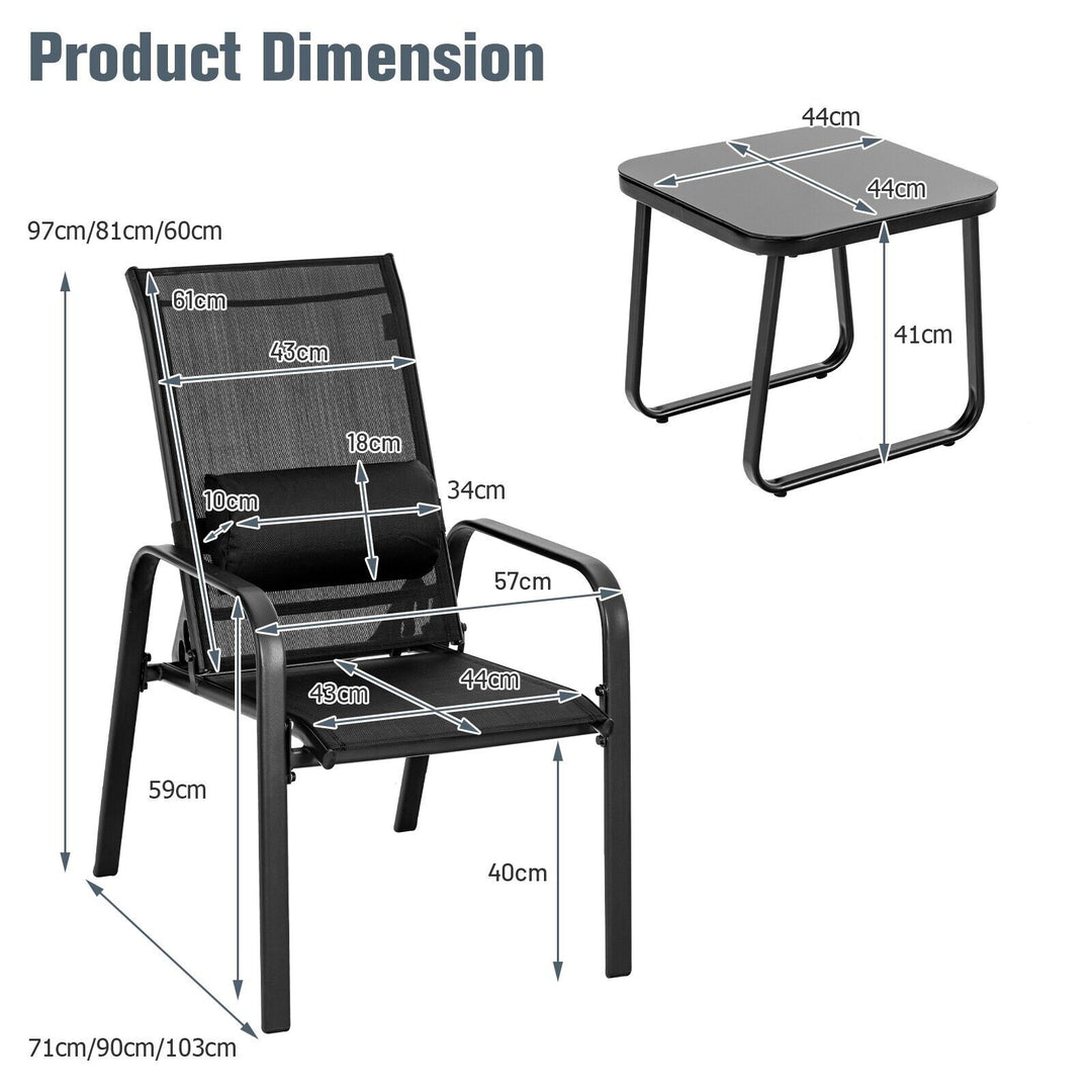 3 Pieces Patio Bistro Set with Coffee Table and 2 Stackable Chairs-Black