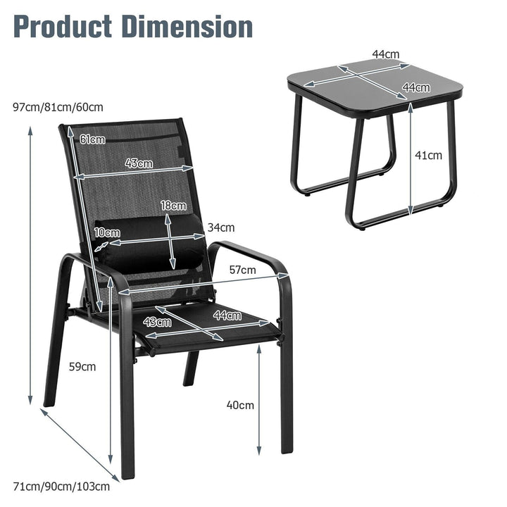 3 Pieces Patio Bistro Set with Coffee Table and 2 Stackable Chairs-Black