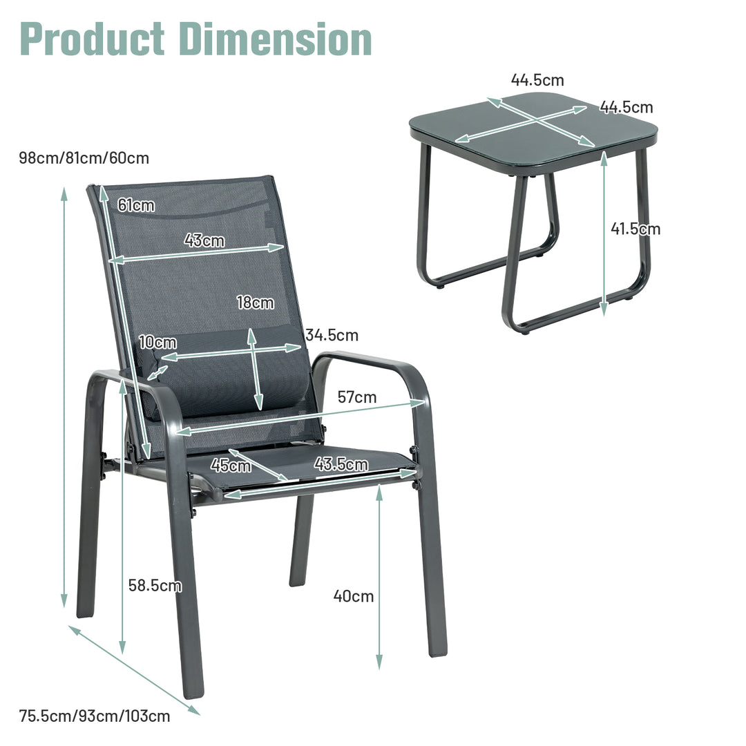 3 Pieces Patio Bistro Set with Coffee Table and 2 Stackable Chairs-Grey