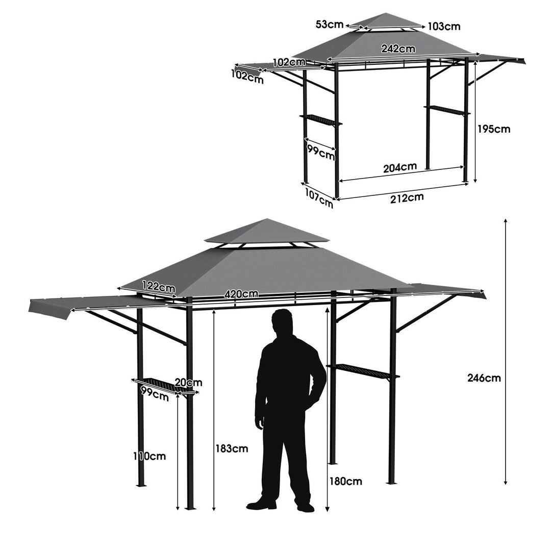 Outdoor Grill Gazebo with Dual Side Awnings-Grey