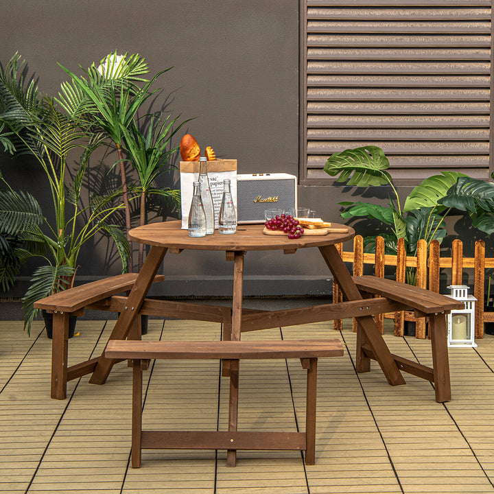 6-person Round Wooden Picnic Table for Patio with Umbrella Hole-Dark Brown