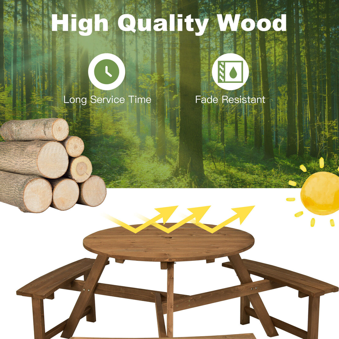 6-person Round Wooden Picnic Table for Patio with Umbrella Hole-Dark Brown