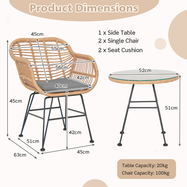 2 Cushioned Chairs and Tempered Glass Table-Gray
