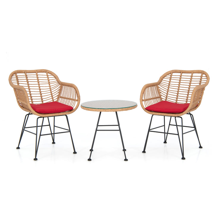 Rattan Set with 2 Cushioned Chairs and Tempered Glass Table-Red