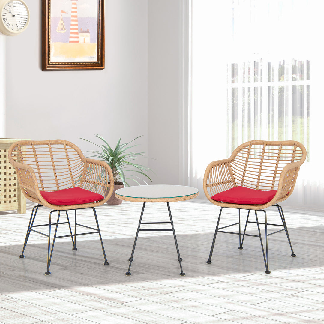 Rattan Set with 2 Cushioned Chairs and Tempered Glass Table-Red