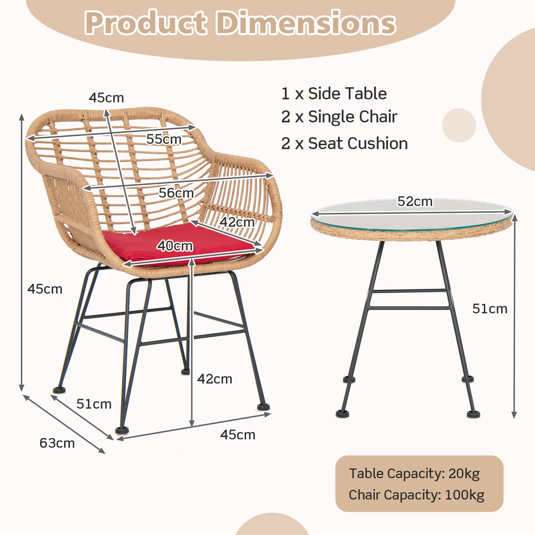 Rattan Set with 2 Cushioned Chairs and Tempered Glass Table-Red