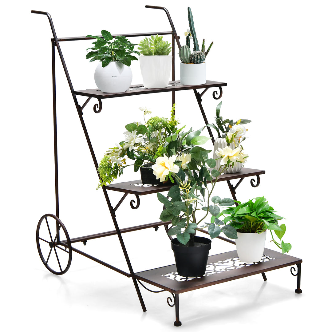 Ladder Shaped Metal Plant Stand with Wheels and Handle