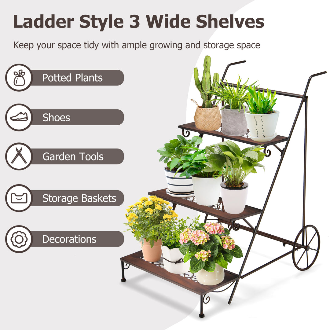 Ladder Shaped Metal Plant Stand with Wheels and Handle