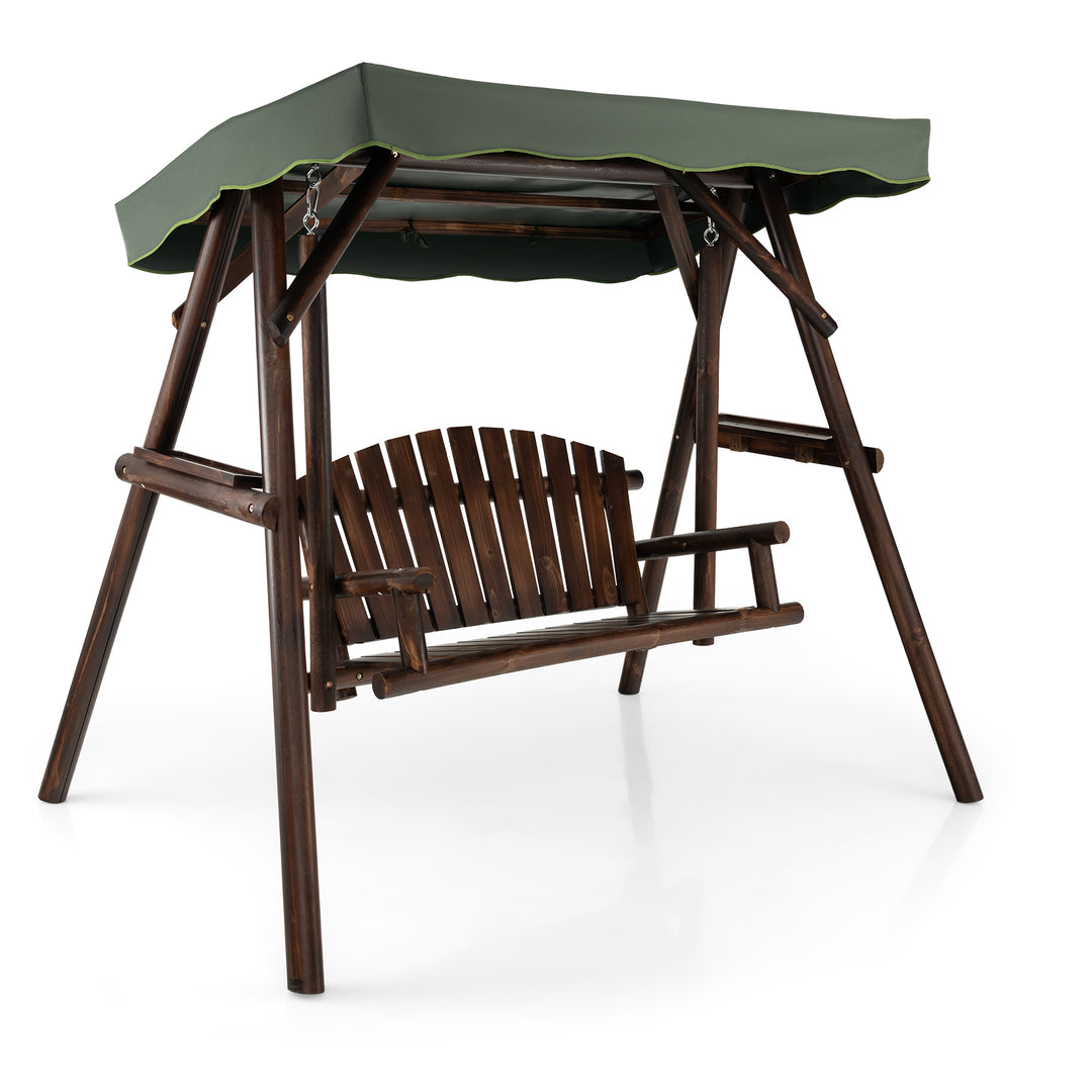 Wooden Garden Swing Chair with Adjustable Canopy and Side Trays